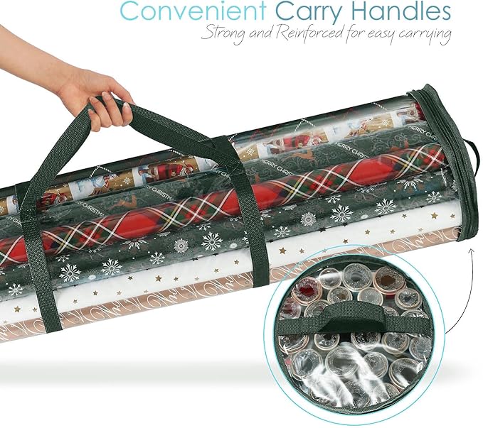 Hearth & Harbor Wrapping Paper Storage Container and Clear Wrap Paper Holder - Christmas Storage Bag with Interior Pockets - Fits Up to 36 Rolls of 40" - Tear Proof, Green-NeatNest