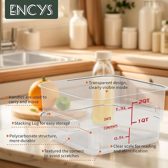 2 Quart Set of 4 Food Storage Containers,Food Containers with Lids and Handles,Square Commercial Food Containers for Kitchen, Restaurant，Refrigeration etc
