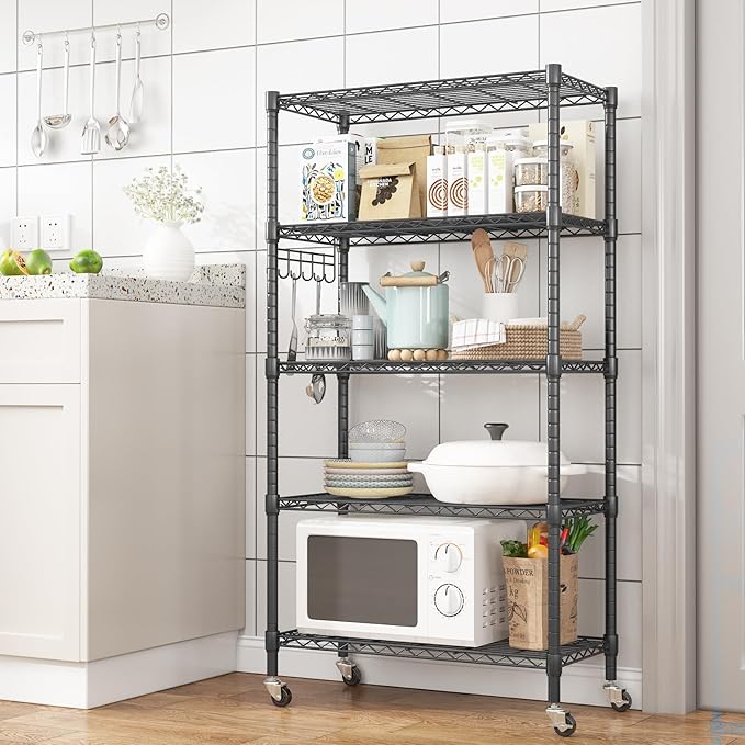 Homdox 5 Tier Metal Storage Shelves with Wheels, Heavy Duty Wire Shelving Unit, Adjustable Storage Racks with Side Hooks for Bathroom Kitchen Garage Pantry Organization, Black-NeatNest