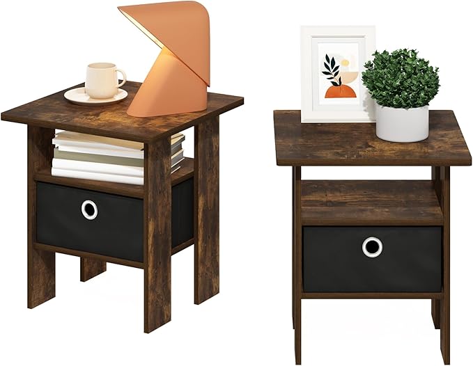 Furinno Andrey End Table Nightstand with Bin Drawer, Amber Pine/Black, Set of 2