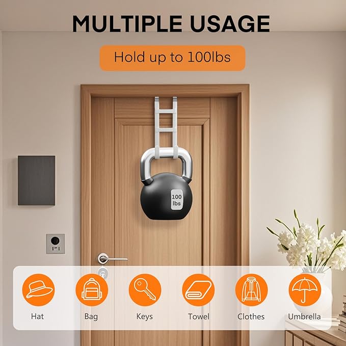 FYY Over The Door Hooks - 4 Pack Heavy Duty Dual-Hook Organizer Hanger with Non-Slip Rubber for Towels, Clothes, Hats & Bags Use in Bathroom, Bedroom, Kitchen - Fits Interior Doors Up to 1.6" White-NeatNest