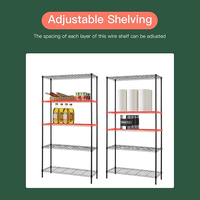 14" D×36" W×72" H Wire Shelving Unit Commercial Metal Shelf with 5 Tier Adjustable Layer Rack Strong Steel for Restaurant Garage Pantry Kitchen Garage，Black