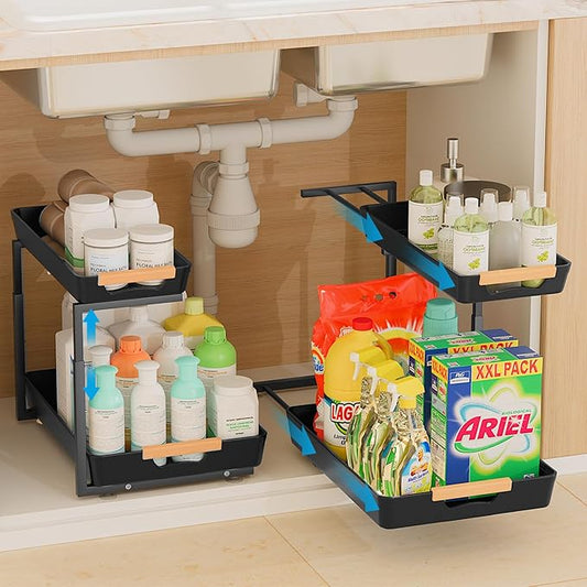 2 Pack Under Sink Organizer Pull 0ut, 3 Height Adjustable Under Kitchen Sink 0rganizer and Storage Black, 2 Tier Double Sliding Drawer Cabinet Organizer for Kitchen Bathroom Pantry-NeatNest