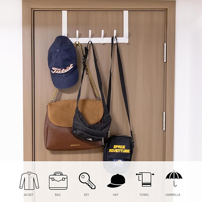 2 Pack Over The Door Hook，Door Hanger for Hanging，Over Door Hanger Holder for Coat Robe Hat Clothe Towels，Towel Racks for Bathroom with 12 Coat Hooks (White, 2 Pack-6 Hooks)