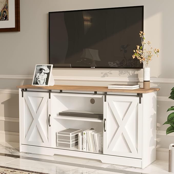 4 EVER WINNER White TV Stand for 65 inch TV for Living Room, Modern Farmhouse Barn Door TV Stand with Storage Cabinets and Adjustable Shelves for Bedroom, Media Entertainment Center TV Console Table-NeatNest
