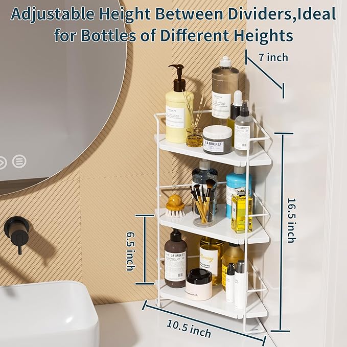 3-Tier Bathroom Countertop Organizer, Bathroom Organizers and Storage for Bathroom, Kitchen Counter, Corner Storage Shelf for Bedroom Storage Makeup Skincare Perfume (White)
