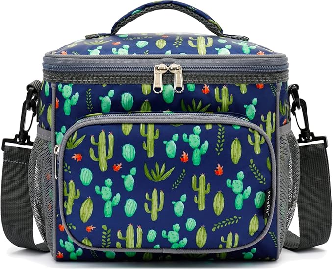 FlowFly Insulated Reusable Lunch Bag Adult Large Lunch Box for Women and Men with Adjustable Shoulder Strap,Front Zipper Pocket and Dual Large Mesh Side Pockets,Cactus-NeatNest