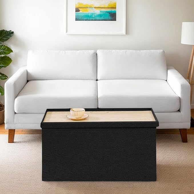 30 Inch Folding Storage Ottoman with Reversible Lid Coffee Table, Linen Fabric Multi-Functional Foot Rest & Seat for Living Room, Bedroom-Black
