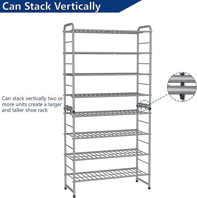 4-Tier Stackable Shoe Rack,Expandable & Adjustable Shoe Organizer Storage Shelf,High Capacity,Wire Grid,Silver-NeatNest