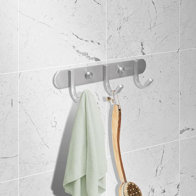 Coat Hook Rack Brushed Nickel 8-Inch Coat&Towel Hook Rail Wall Mounted with 3 Hooks, Durable Wall Hangers for Bedroom, Bathroom, Foyer, Hallway (SUS304 Stainless Steel)-NeatNest