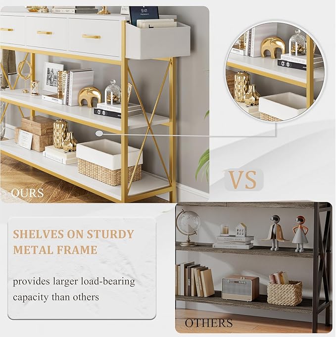 HITHOS Industrial Console Table with Drawers, Vintage Hallway Foyer Table with Storage Shelves, Narrow Long Sofa Entryway Table for Living Room, White/Gold-NeatNest