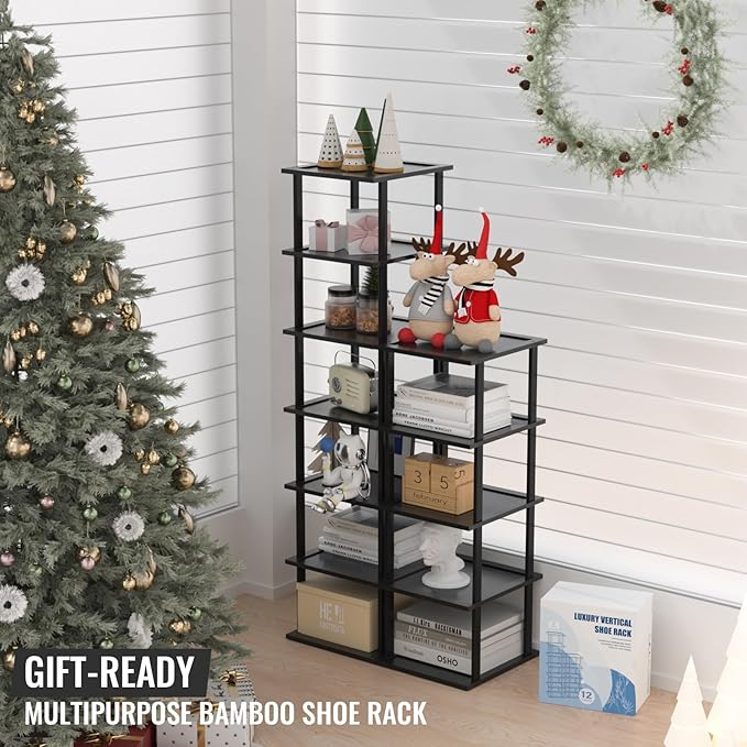 Bamboo Free Standing Shoe Rack Shelf Multi Tier Tall Wooden Stackable Shoes Rack Organizer for Closet Front Door Entrance Narrow Vertical Shoe Storage Rack for Corner Stand (Black, 12 Tiers)-NeatNest