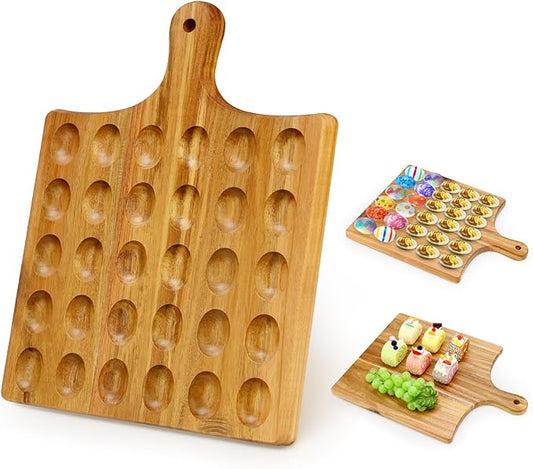 Acacia Wood Deviled Egg Platter Large 30 Holes Egg Holder for Kitchen Counter Wooden Serving Tray Easter Gift Hosting Devilled Eggs Container Charcuterie Board Carrier Cheese Plate Devil Egg Dish