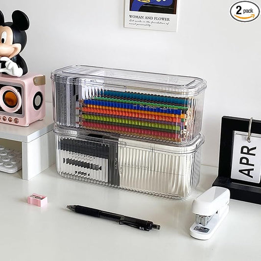 2 Pack Plastic Pencil Case with Lid, Clear Office Supplies Storage Container for Desk Drawer, Marker Pen, Crayons, School Stationery, Art and Crafts Organizer