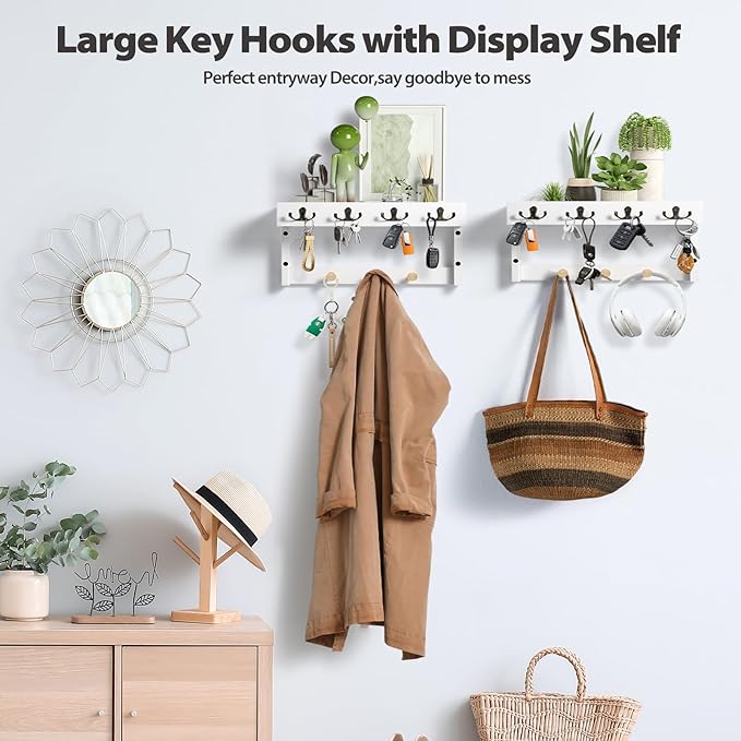 2 Pack Key Holder with 14 Hooks, Wall Hooks with Shelf, Mail Organizer with Hooks, 4 in 1 Coat and Key Hanger Shelf with Mail Holder for Entryway Living Room, Bedroom （White