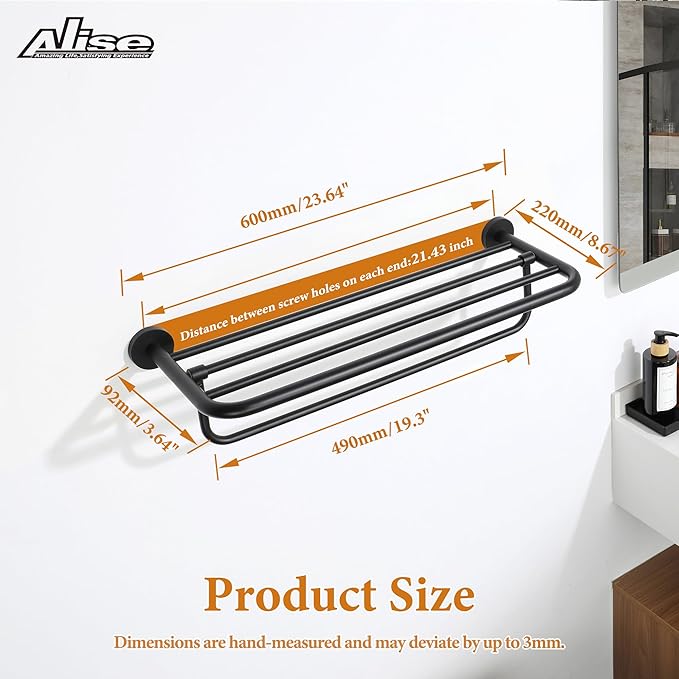 Alise 24 Inch Towel Racks for Bathroom, Foldable Towel Hanger Towel Shelf with Tower Bar, Heavy Duty Towel Holder, SUS 304 Stainless Steel Wall Mount Towel Rail, Matte Black