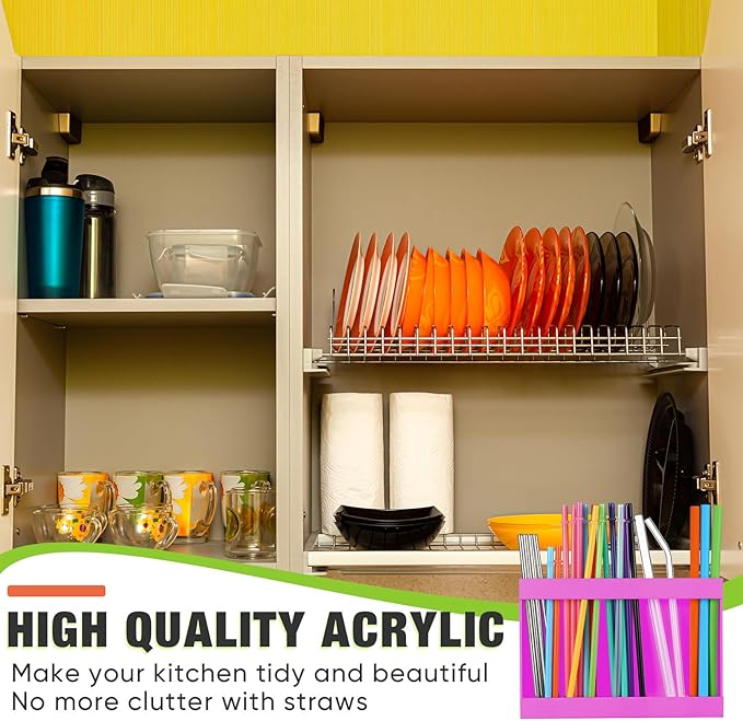 Acrylic Straw Holder for Cabinet Door with Double Sided Adhesive Tape Reusable Straw Organizer Tumbler Storage Kitchen Accessories Container for Counter Cupboard(Classic,Large,Hot Pink)