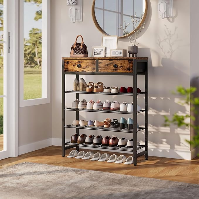 IBUYKE 5 Tier Shoe Rack, Metal Shoe Storage Organizer for 12-16 Pairs of Shoes, Modern Shoe Stand with 2 Drawers,Metal Shelf for Entryway Closet Bedroom, Rustic Brown TXJ041H-NeatNest