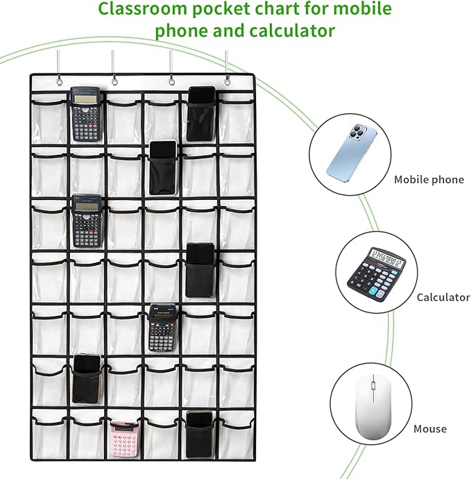 42 Clear Pockets Classroom Pocket Chart for Cell Phones and Calculator, Pocket Chart Organizer for Classroom Phone Storage Holder with 42 Number Sticker and Hooks (White)-NeatNest