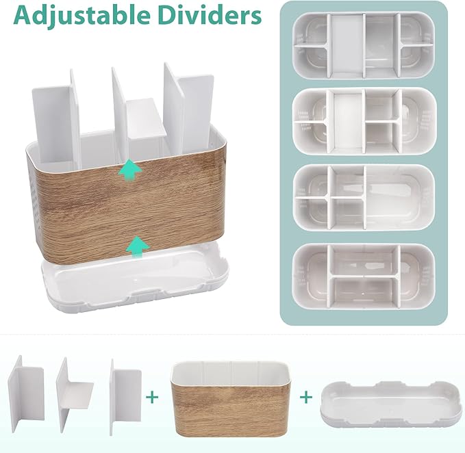 Boperzi Toothbrush and Toothpaste Holder Wood Grain for Bathroom Countertop with Adjustable Dividers, Toothpaste Caddy Organizer Storage Rustic Decor Set Freestanding Anti-Slip for Shower,Family,Kids-NeatNest