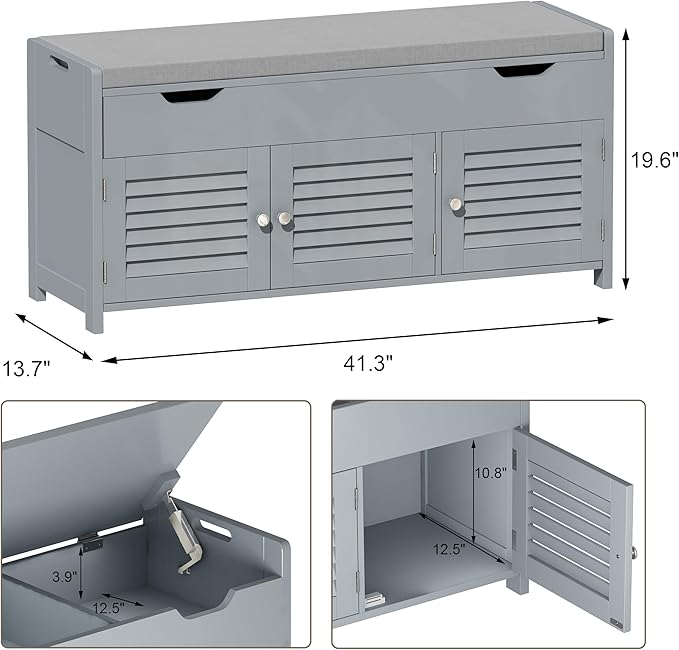 ChooChoo 41.3" Shoe Storage Bench with Lift Top Storage, Entryway Bench with Cushioned Seat, Adjustable Shelf, Shoe Cabinet with Hidden Space, for Entryway, Bedroom, Living Room, Grey-NeatNest