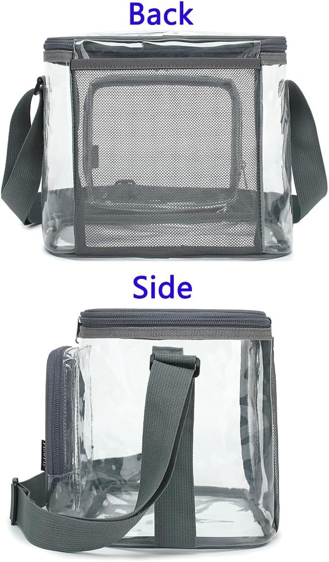 FlowFly Insulated Reusable Lunch Bag Adult Large Lunch Box for Women and Men with Adjustable Shoulder Strap,Front Zipper Pocket and Dual Large Mesh Side Pockets,Clear#Grey-NeatNest