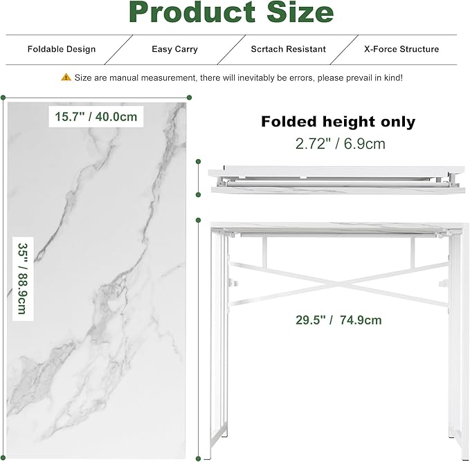 35 inch Folding Small Desk, Writing Gaming Computer Camping Desk for Small Spaces, No Assembly Required Home Office Table, White Marble-NeatNest