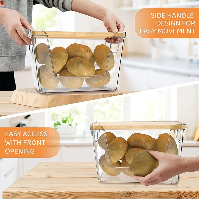 4 Pack Potato Storage with Lids – Front Open Kitchen Pantry Organizer and Storage, Stackable Storage Bins for Onion, Garlic, Fruit, Produce, Vegetable