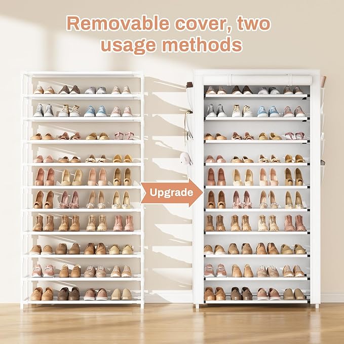VTRIN Tall Shoe Rack with Cover, 10 Tier Shoe Organizer Storage for 50-55 Pairs Shoes and Boots Large Capacity Shoe Shelf with 8 Pockets Free Standing Shoe Rack for Closet, Entryway, Garage, White-NeatNest