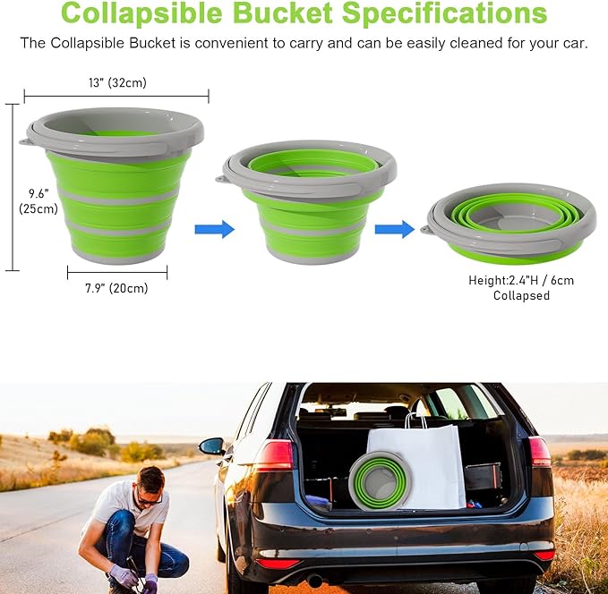 Collapsible Car Wash Bucket with Microfiber Mitt, 10L (2.6 Gallon) Portable Water Buckets with Handle for Car Wash Household Cleaning, Multiuse Collapsible Water Buckett and Car wash mitt - Green-NeatNest