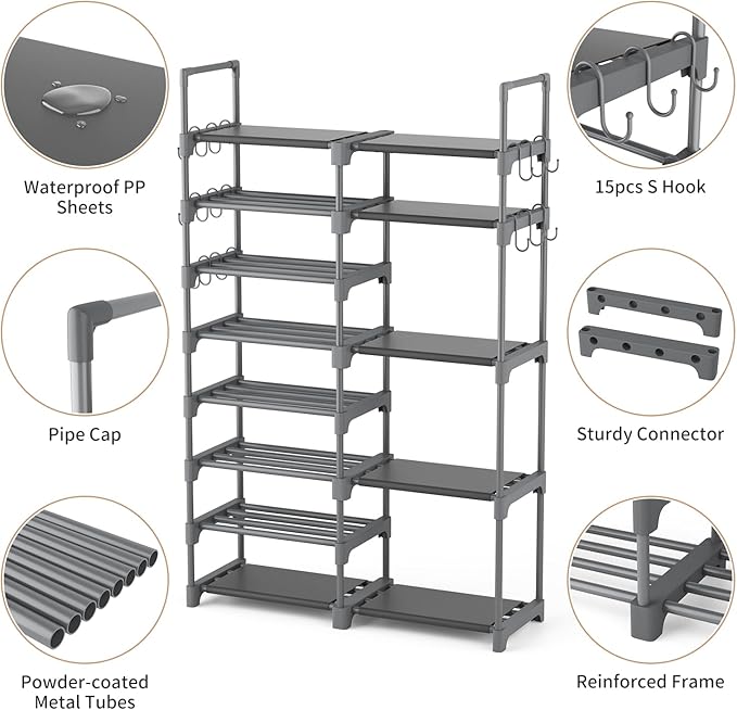ROJASOP Shoe Rack, Shoe Storage Organizer for Closet Entryway Garage Bedroom, 8 Tier Tall Metal Shoe Shelf for 26-32 Pairs Boots & Shoes, Adjustable Shoe Stand for Small Space-NeatNest
