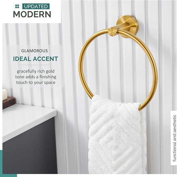 Bathroom Towel Ring Brushed Gold, Angle Simple SUS304 Stainless Steel Modern Towel Holder, Swivel Hand Towel Rack Wall Mounted