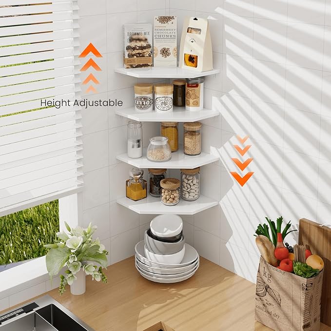 Homode Corner Wall Shelf, Corner Shelf Floating, Set of 4 Wooden Hanging Corner Shelves with Wire Hole for Bathroom Living Room Office, White-NeatNest