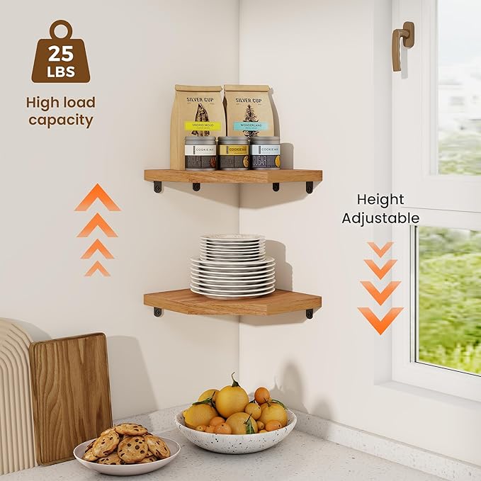 Fun Memories Corner Shelf Wall Mount Set of 2 - Solid Oak Wood Floating Corner Shelf with Cable Hole, 8.5in Rustic Design for Bedroom, Living Room, Kitchen (Natural)-NeatNest