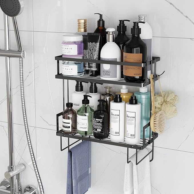 Godboat Bathroom Organizers, 2-Tier Over Toilet Storage, Floating Shelves with 2 Hooks & Paper Holder, Wall Mounted Shelf Furniture, Cool Accessories & Decor, Gifts for Women, Mothers Day (Black)-NeatNest