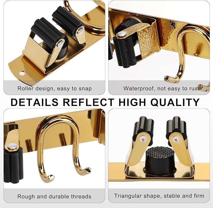 Mop Broom Holder Wall Mount, Gold Stainless Steel Tool Storage Organizer for Kitchen Garden Garage Laundry Room Bathroom and RV with 4 Slots 6 Hooks-NeatNest