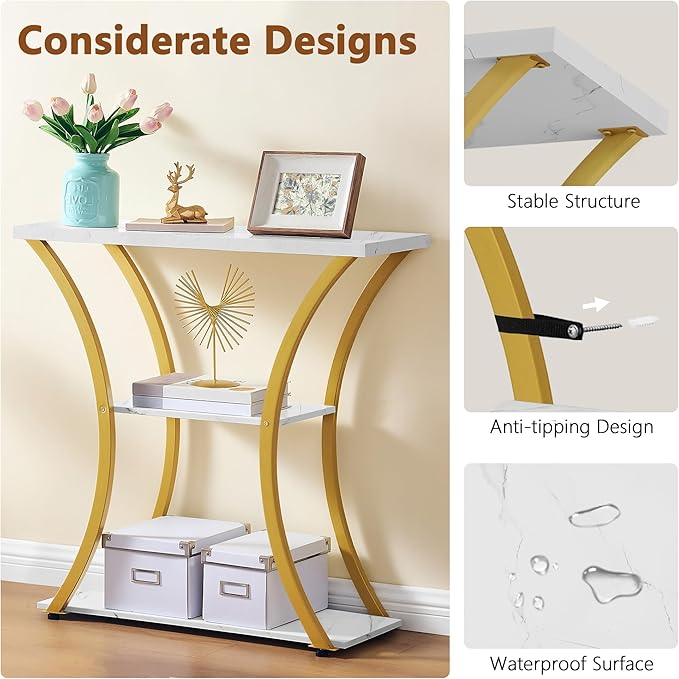 Hoctieon 3 Tier Console Table with Open Wood Shelves, Decorative Entryway Table with Curved Metal Frames, Narrow Sofa Table for Entrance, Living Room, Hallway, Gold and White Marbled-NeatNest