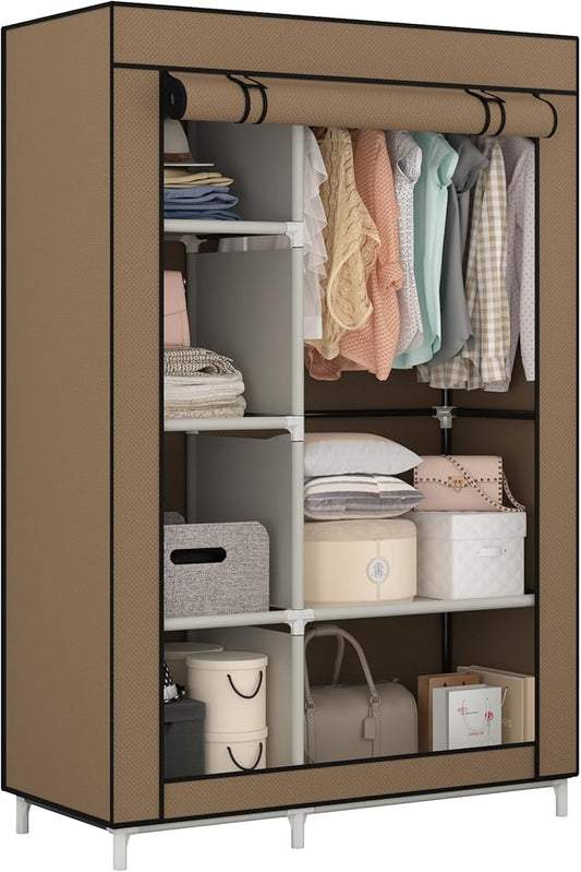 Calmootey Portable Closet Organizers, Clothing Storage, Wardrobe with 6 Shelves and Hanging Rod, Non-Woven Fabric Cover with 4 Side Pockets, Brown-NeatNest