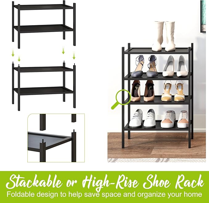 BMOSU 2-Tier Bamboo Small Shoe Rack Premium Stackable Shoe Shelf Storage Organizer for Hallway Closet Living Room Entryway Organizer(Black)-NeatNest