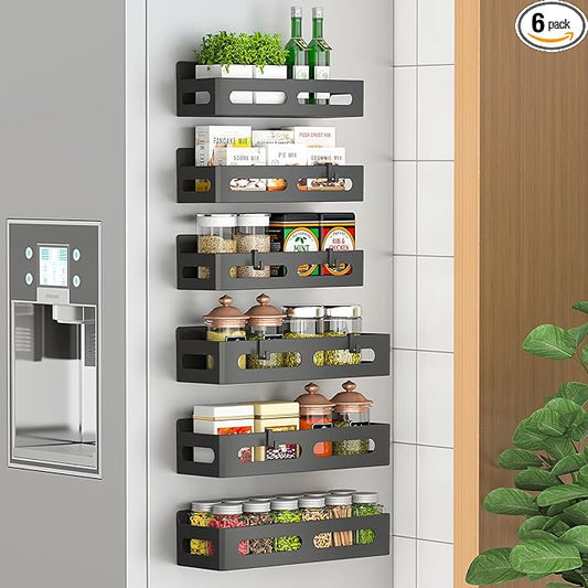 6 Pack Magnetic Spice Rack for Refrigerator, Spice Rack Organizer, Moveable Magnetic Shelf Fridge Organizer with 4 Hooks for Kitchen and Oven Organization, Black