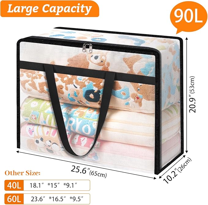 BlissTotes 4 Pack Clear Clothes Storage Bags, Under Bed Storage Containers, Foldable Blanket Storage Moving Bags with Sturdy Zipper and Handle for Clothing, Comforter, Bedding, Sheet (90L)-NeatNest