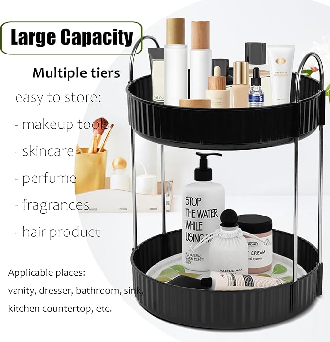Rotating Makeup Organizer Countertop 2 Tier Lazy Susan Trays Spinning Skincare Perfume Storage for Bathroom Counter Vanity, Black-NeatNest
