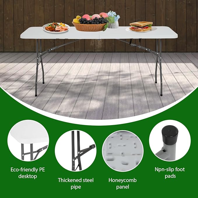 6 Foot Folding Table Small Table Multipurpose Indoor Outdoor Heavy Duty Camping Table Portable Picnic Table Fold-in-Half Utility Dining Table Lock for Picnic, Party, Camping,White-NeatNest