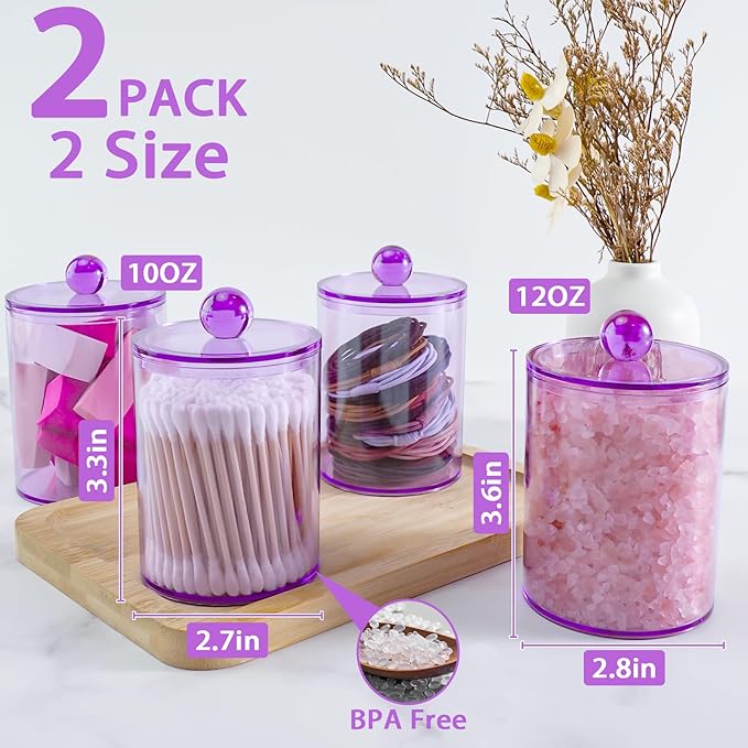 2 Pack Qtip Holder, Apothecary Jars Holder Dispenser, Bathroom Jars with Lids Set for for Cotton Swabs, Balls, Pads, Floss Picks,10oz-12oz Plastic Canisters(Purple)
