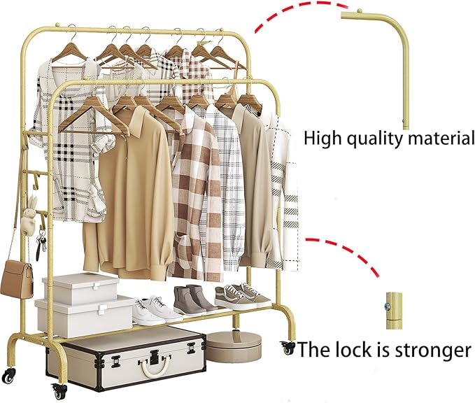 Garment Rack with Wheels Clothing Rack for Hanging Clothes Multi-functional Bedroom Clothes Rack，Gold+Double Rods-NeatNest
