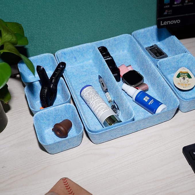 Felt Desk Drawer Organizer Tray,8 Pack Office Desk Drawer Dividers,Felt Drawer Small Square Storage Box For Saving Space,Makeup Drawer Organizer Bins.(Blue)-NeatNest