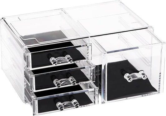 Sea Team Clear Makeup Organizer with Drawers, Acrylic Plastic Cosmetic Display Case, Jewelry Storage Box, Holder for Dresser, Bathroom, Vanity, Countertop (1 Large, 3 Small Drawers)-NeatNest