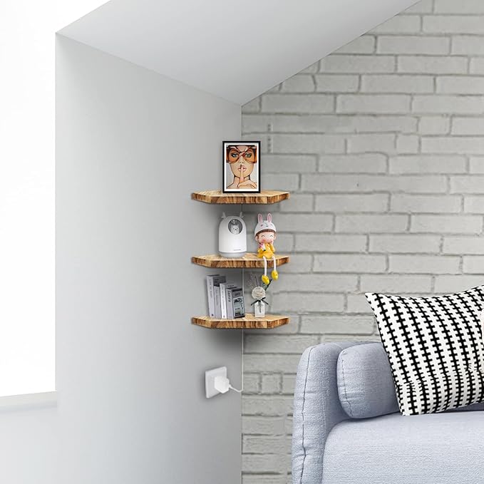 HAO Floating Corner Wall Shelves Small Rustic Wall Mounted Wood Diamond Shape Shelf with Cable Wire Hole Pattern for Bedroom Living Room Bathroom Kitchen Set of 3 Carbonized Black 7.75 Inch Dia.-NeatNest