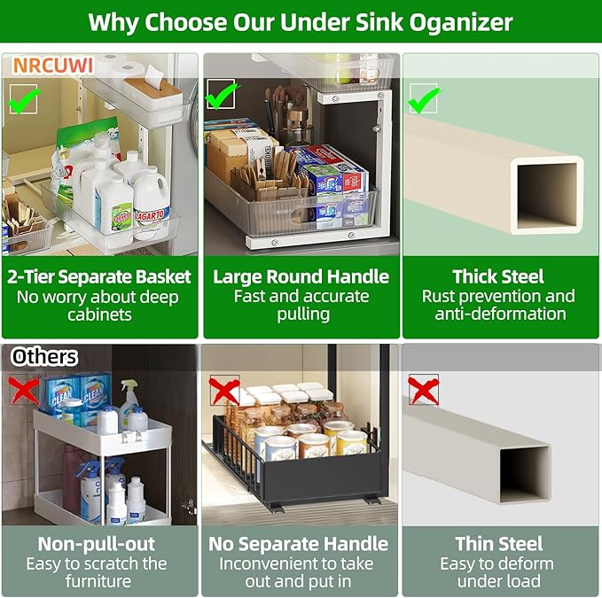 2 Pack Under Sink Organizer, Pull Out Cabinet Organizer 2 Tier Slide Out, Under Sink Organizers and Storage Height Adjustable for Kitchen Bathroom Cabinet, Metal-NeatNest