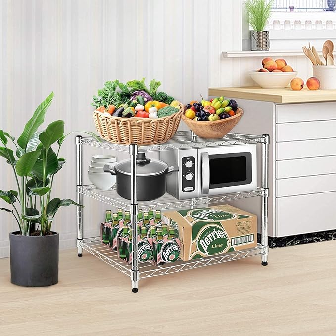 BNSPLY 3 Tier Wire Shelving Unit, Adjustable Wire Rack, Metal Storage Shelves for Kitchen, Pantry, Laundry, Bathroom, Closet (13.5" D x 23" W x 31.5" H, Chrome)-NeatNest